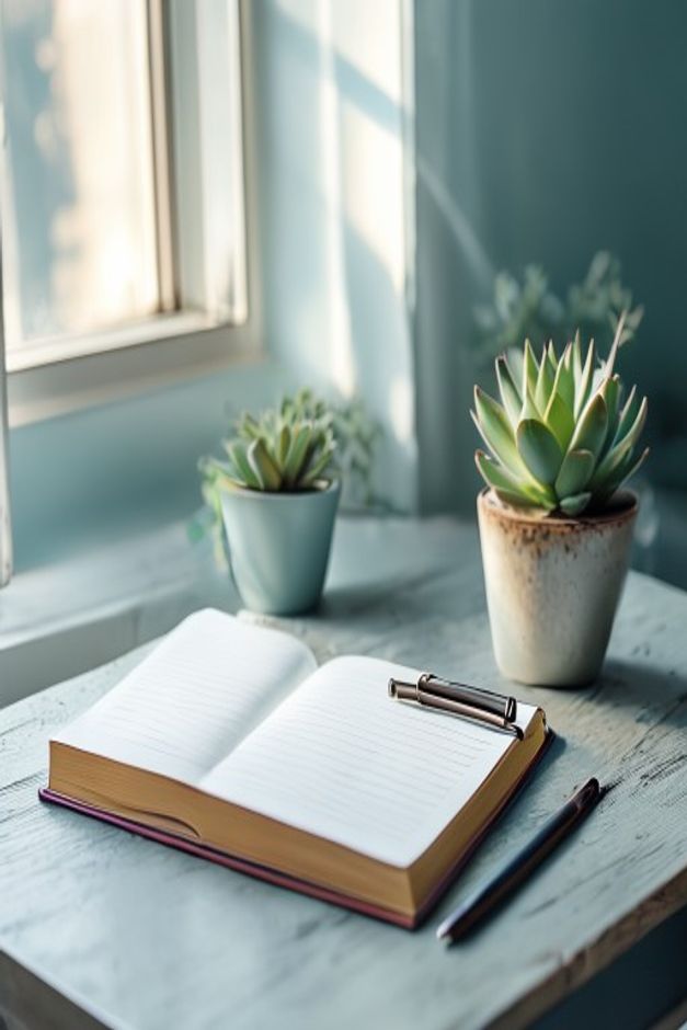 Clean wooden desk with fitness tracking notebook and pen beside potted plant