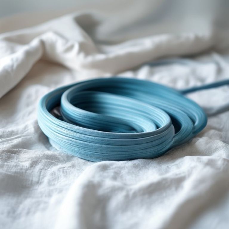 Soft-focus image of resistance bands coiled on neutral-toned fabric background
